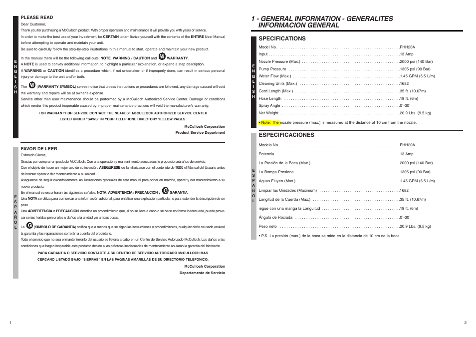 Specifications, Especificaciones | McCulloch 7096-H20A01 User Manual | Page 2 / 7