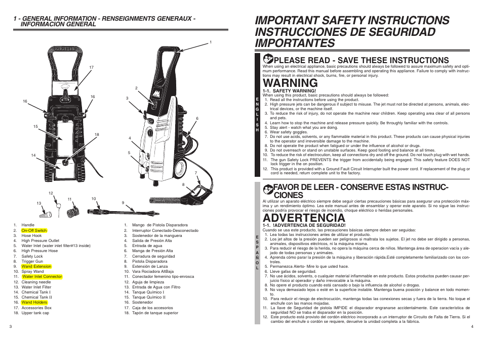 Warning, Advertencia, Please read - save these instructions | Favor de leer - conserve estas instruc- ciones, On off | McCulloch 7096-H20A01 User Manual | Page 3 / 7