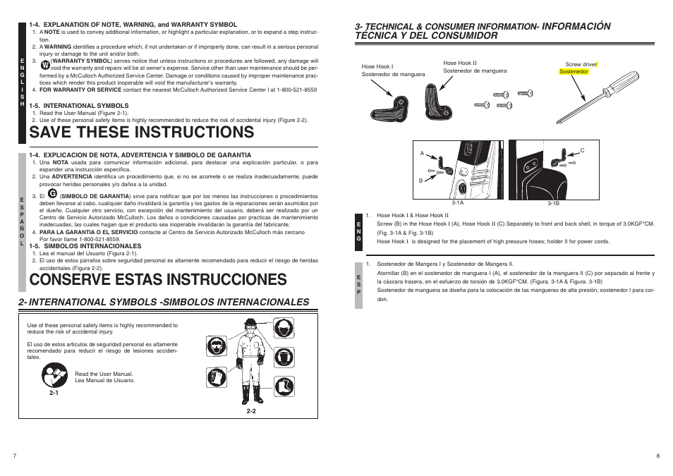 Save these instructions, Conserve estas instrucciones, On off | International symbols -simbolos internacionales, Información técnica y del consumidor, Technical & consumer information | McCulloch 7096-H20A01 User Manual | Page 5 / 7