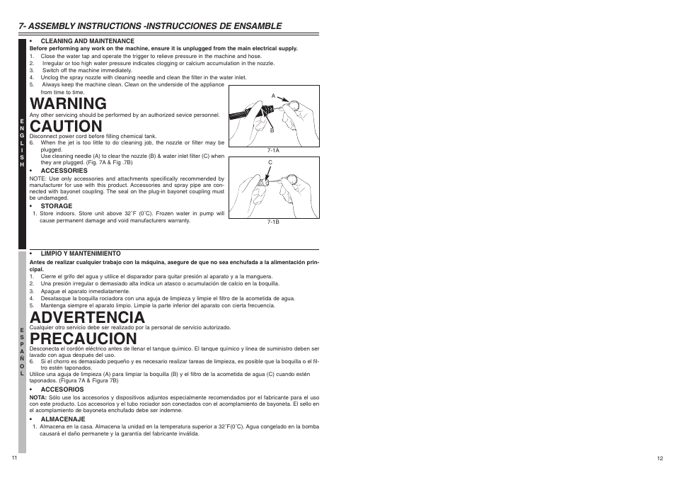 Warning, Caution, Advertencia | Precaucion, Assembly instructions -instrucciones de ensamble | McCulloch 7096-H20A01 User Manual | Page 7 / 7