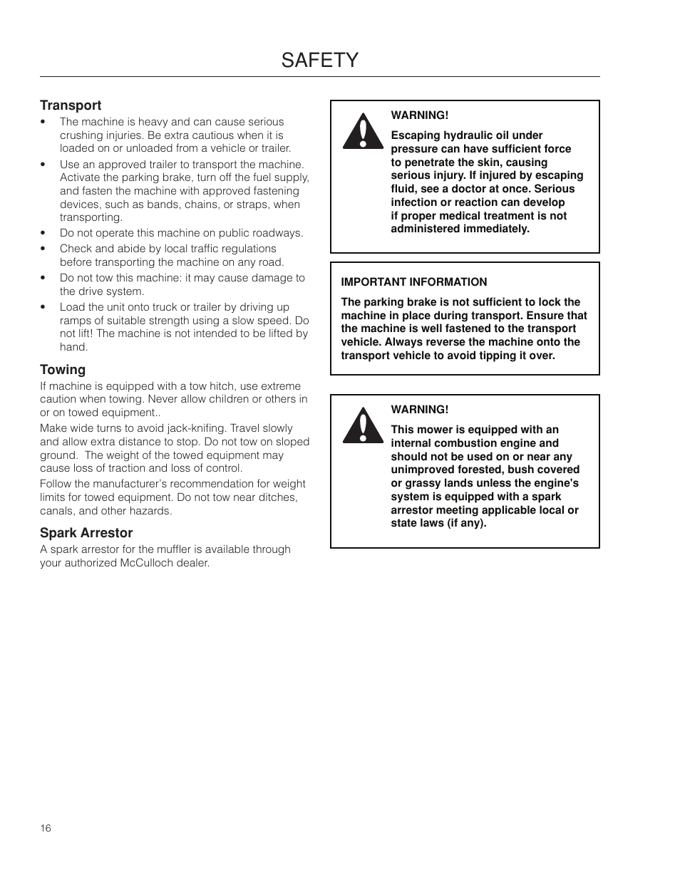 Transport, Towing, Spark arrestor | Safety | McCulloch 966564101 User Manual | Page 16 / 60