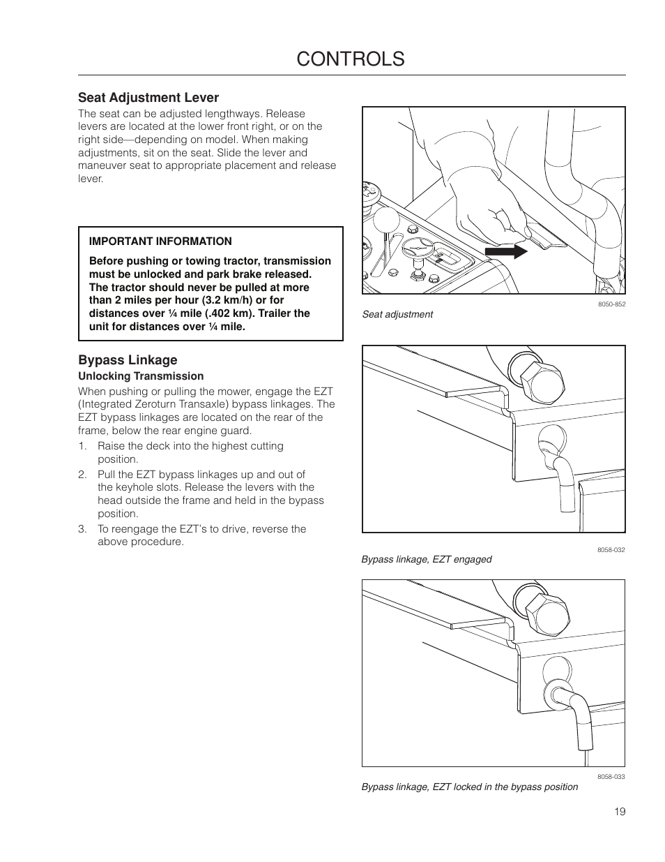 Seat adjustment lever, Bypass linkage, Controls | McCulloch 966564101 User Manual | Page 19 / 60