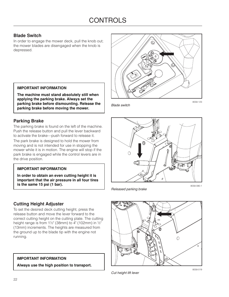 Blade switch, Parking brake, Cutting height adjuster | Controls | McCulloch 966564101 User Manual | Page 22 / 60