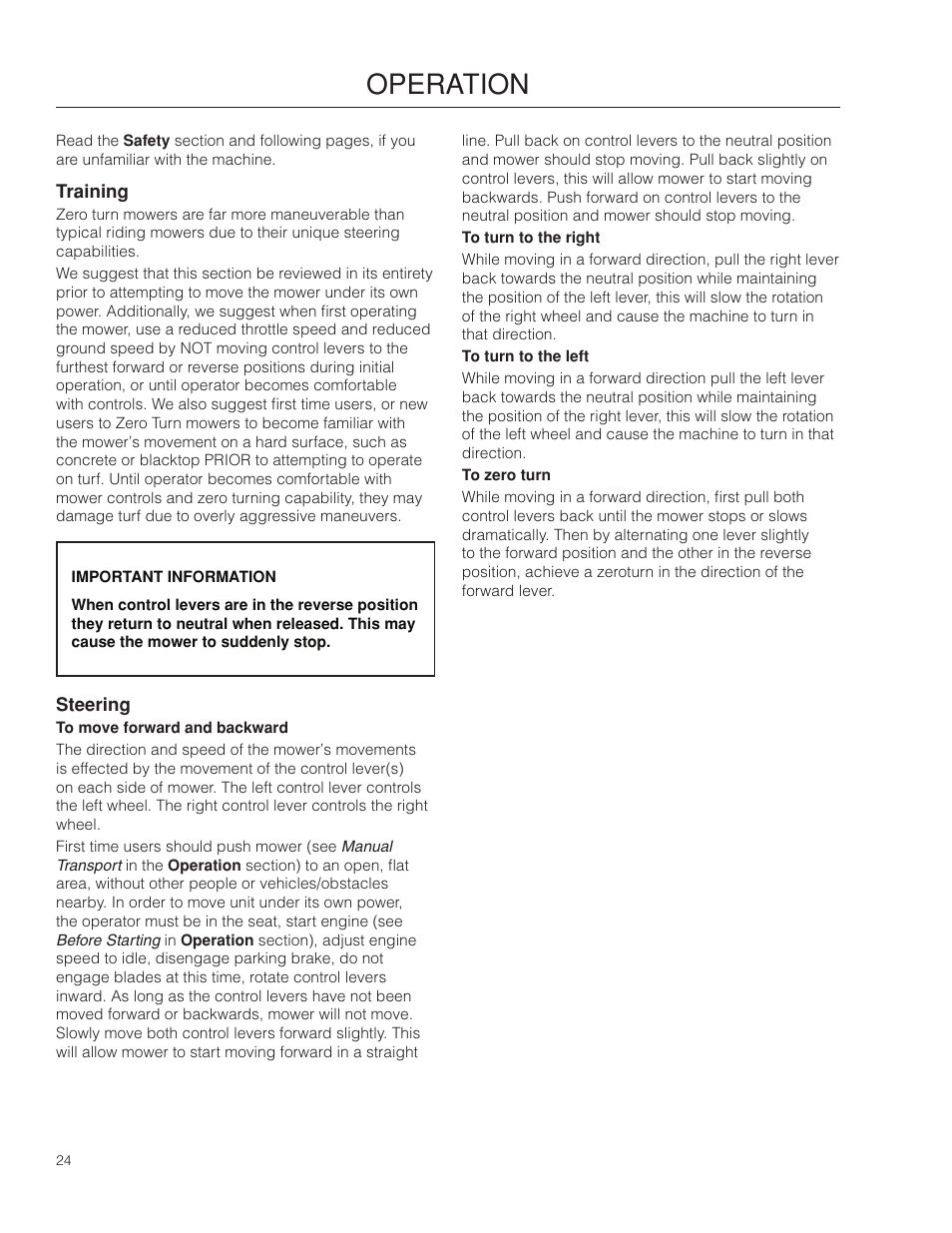 Operation, Training, Steering | McCulloch 966564101 User Manual | Page 24 / 60