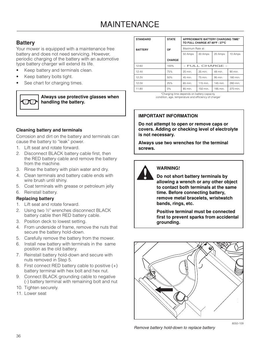 Battery, Maintenance | McCulloch 966564101 User Manual | Page 36 / 60