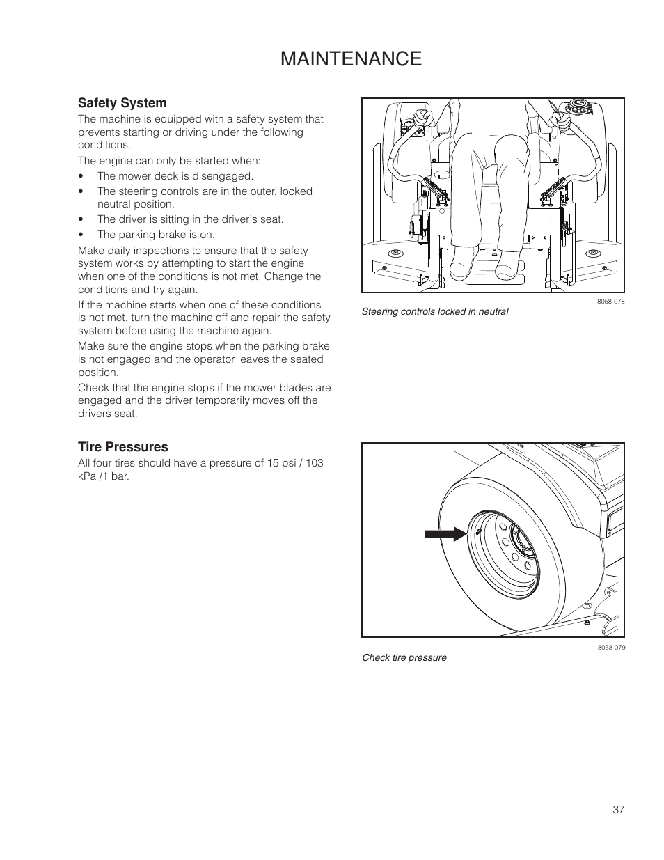 Safety system, Tire pressures, Maintenance | McCulloch 966564101 User Manual | Page 37 / 60