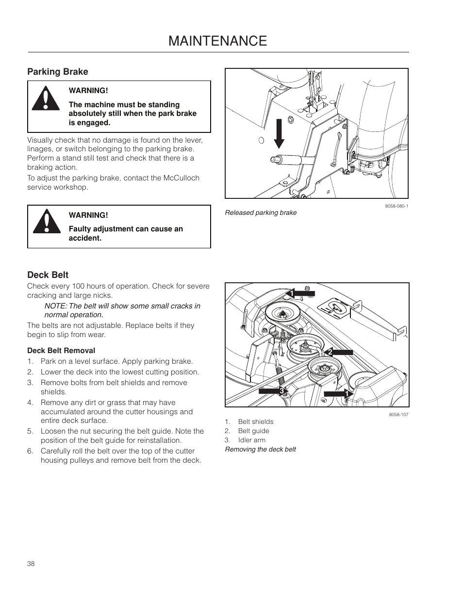 Parking brake, Deck belt, Maintenance | McCulloch 966564101 User Manual | Page 38 / 60