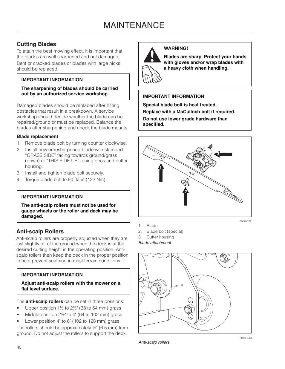 Cutting blades, Blade replacement, Anti-scalp rollers | Maintenance | McCulloch 966564101 User Manual | Page 40 / 60