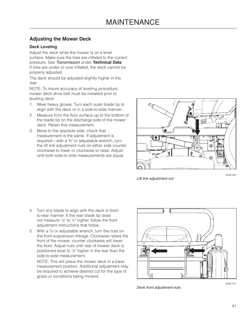 Adjusting the mower deck, Deck leveling, Maintenance | McCulloch 966564101 User Manual | Page 41 / 60