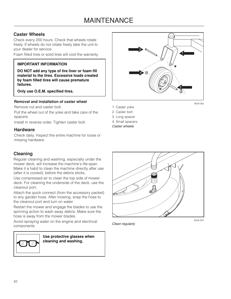 Caster wheels, Hardware, Cleaning | Maintenance | McCulloch 966564101 User Manual | Page 42 / 60