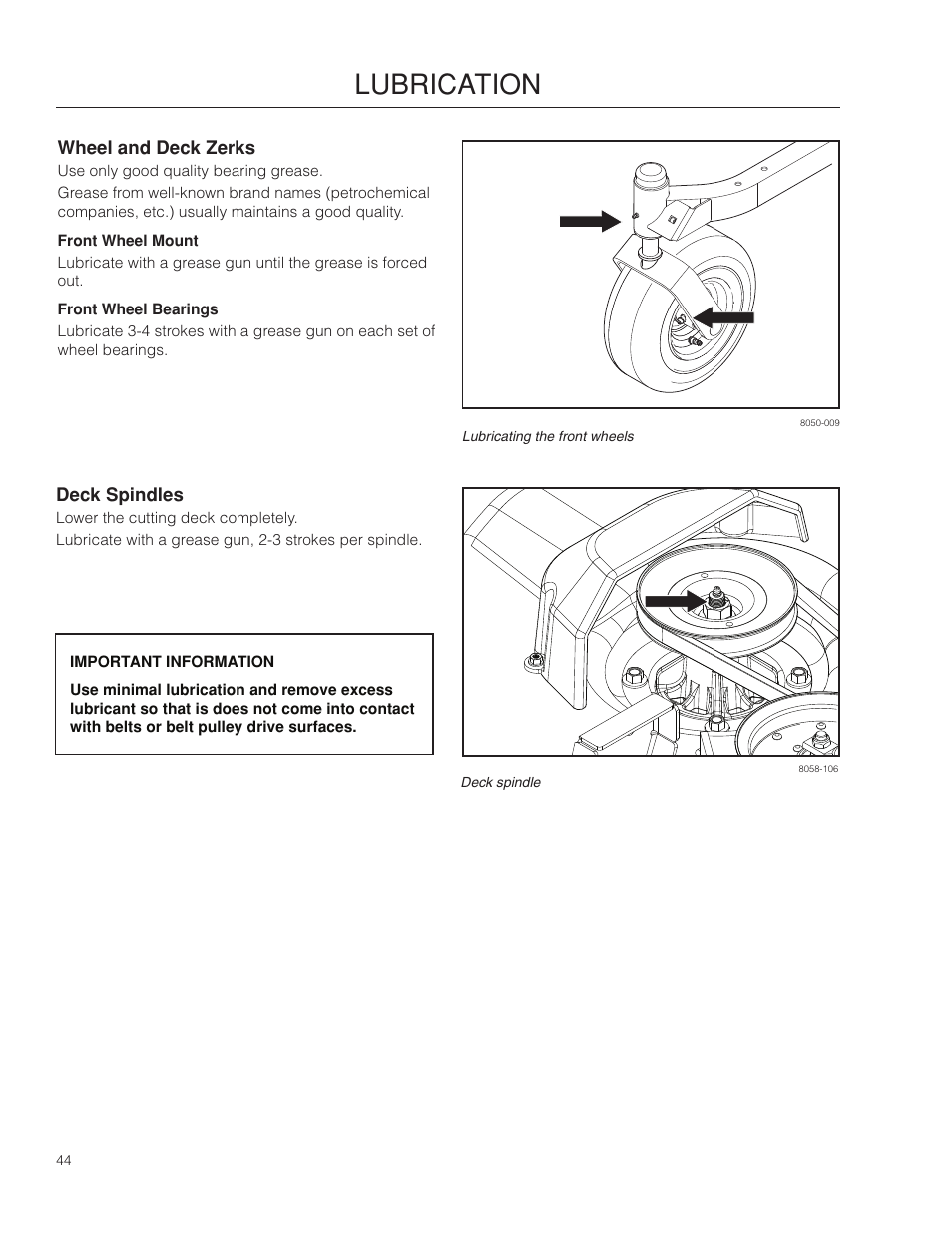 Wheel and deck zerks, Front wheel mount, Front wheel bearings | Deck spindles, Lubrication | McCulloch 966564101 User Manual | Page 44 / 60