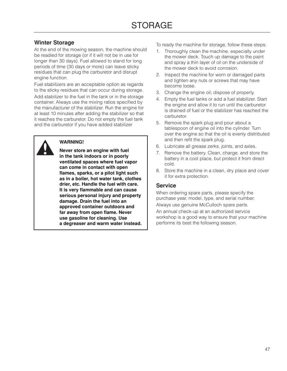 Winter storage, Service, Storage | McCulloch 966564101 User Manual | Page 47 / 60