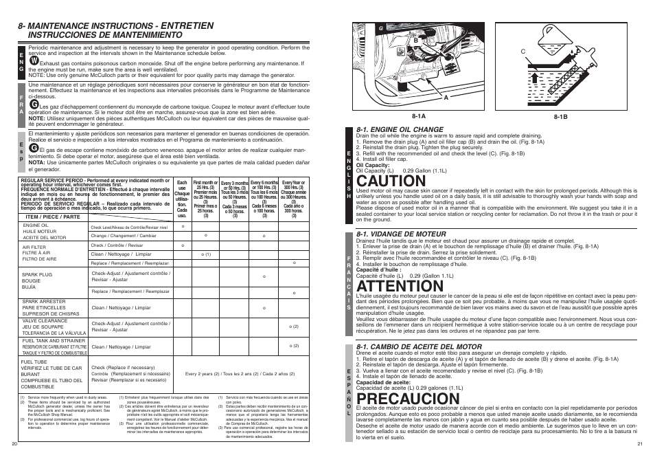 Caution, Attention, Precaucion | Entretien, Maintenance instructions, Instrucciones de mantenimiento | McCulloch 7096-FG7008 User Manual | Page 11 / 28