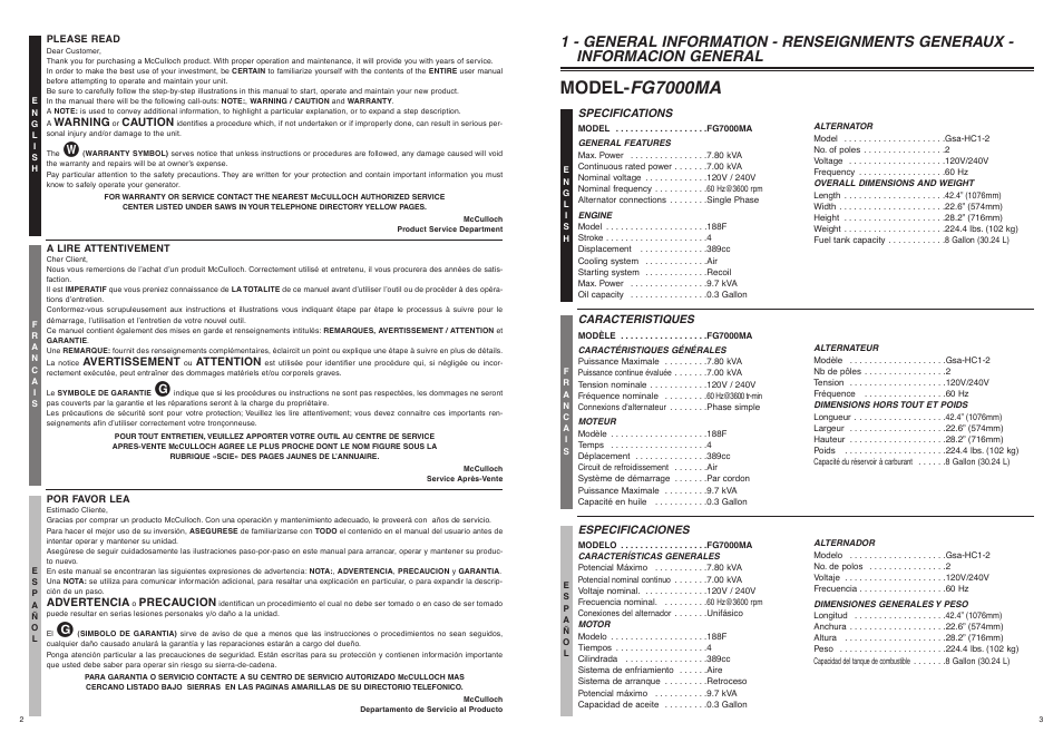 Fg 7000ma, Model | McCulloch 7096-FG7008 User Manual | Page 2 / 28