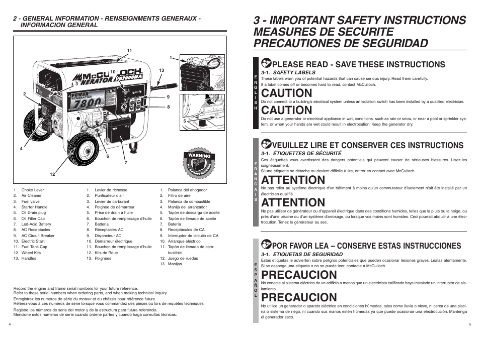 Caution, Attention, Precaucion | Please read - save these instructions, Veuillez lire et conserver ces instructions, Por favor lea – conserve estas instrucciones | McCulloch 7096-FG7008 User Manual | Page 3 / 28