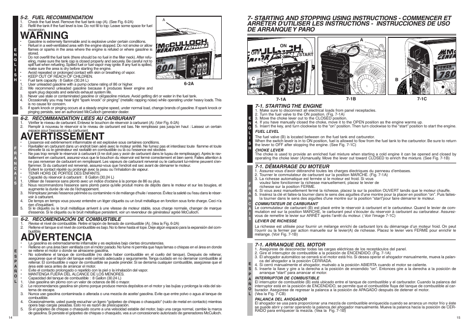 Warning, Avertissement, Advertencia | McCulloch 7096-FG7008 User Manual | Page 8 / 28