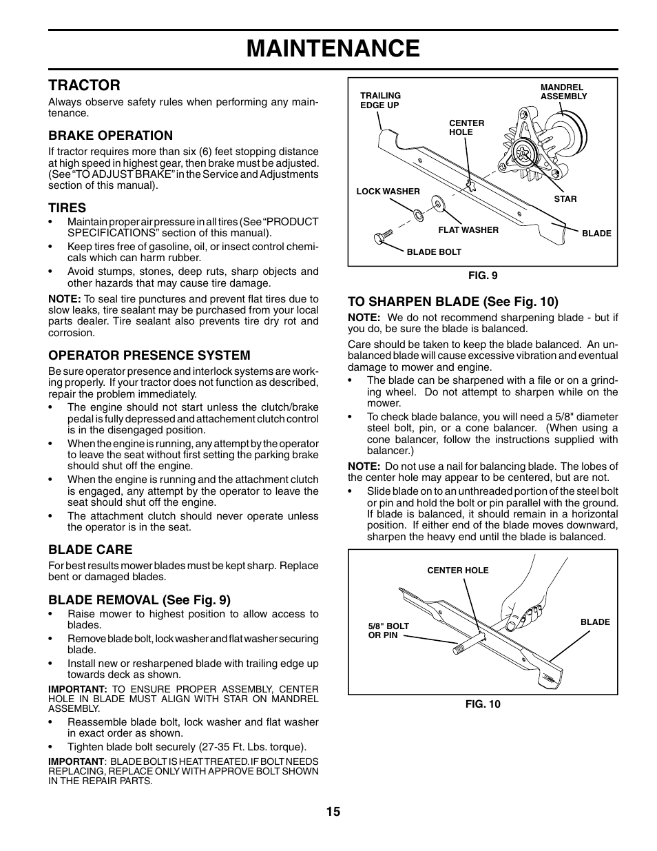 Maintenance, Tractor | McCulloch MC1236ST User Manual | Page 15 / 44