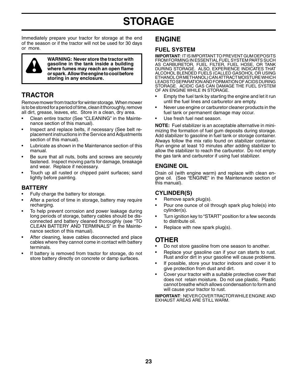 Storage, Tractor, Engine | Other | McCulloch MC1236ST User Manual | Page 23 / 44