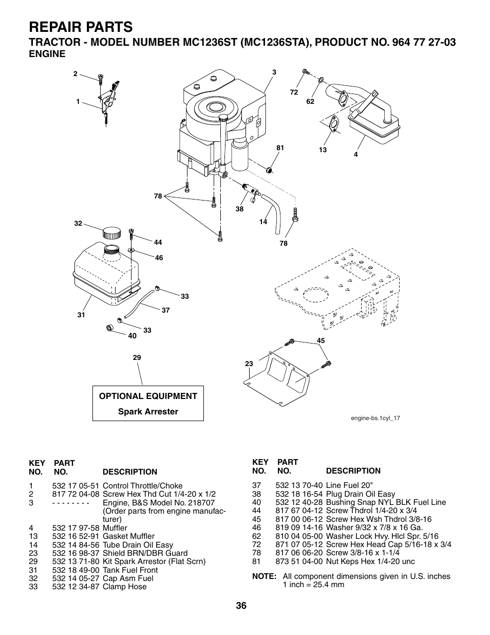 Repair parts, Engine | McCulloch MC1236ST User Manual | Page 36 / 44