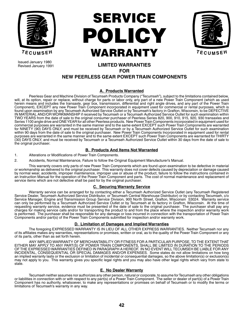 Policy, Service, Warranty | McCulloch MC1236ST User Manual | Page 42 / 44