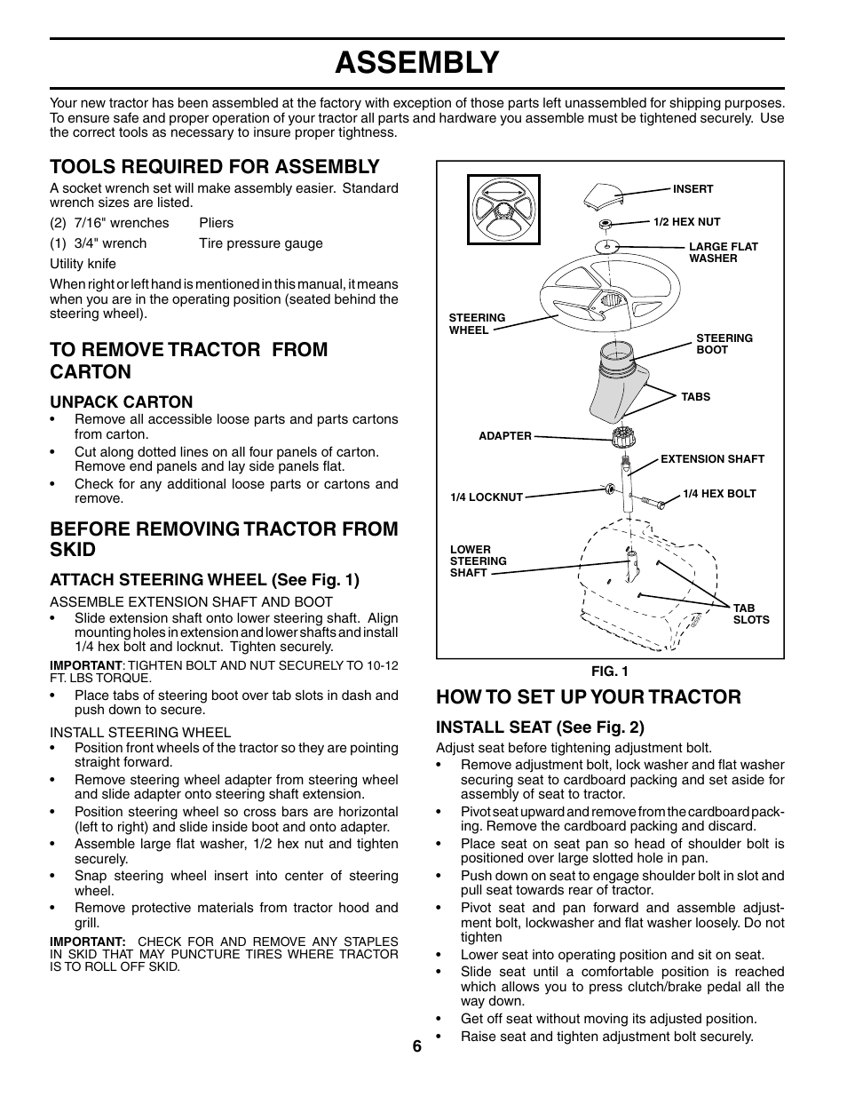 Assembly, How to set up your tractor, Tools required for assembly | Before removing tractor from skid | McCulloch MC1236ST User Manual | Page 6 / 44