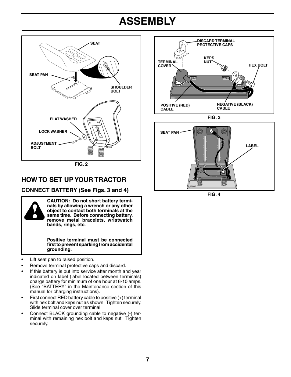 Assembly, How to set up your tractor, Connect battery (see figs. 3 and 4) | McCulloch MC1236ST User Manual | Page 7 / 44
