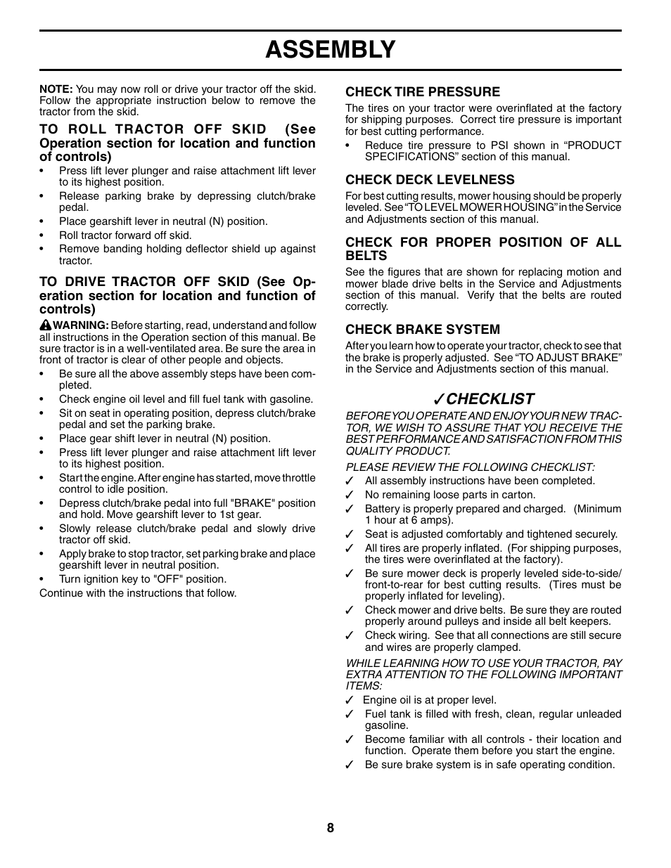 Assembly, Che cklist | McCulloch MC1236ST User Manual | Page 8 / 44