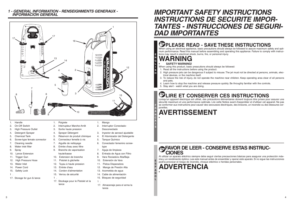 Warning, Avertissement, Advertencia | Please read - save these instructions, Lire et conserver ces instructions, Favor de leer - conserve estas instruc- ciones | McCulloch CRFH140A User Manual | Page 3 / 9