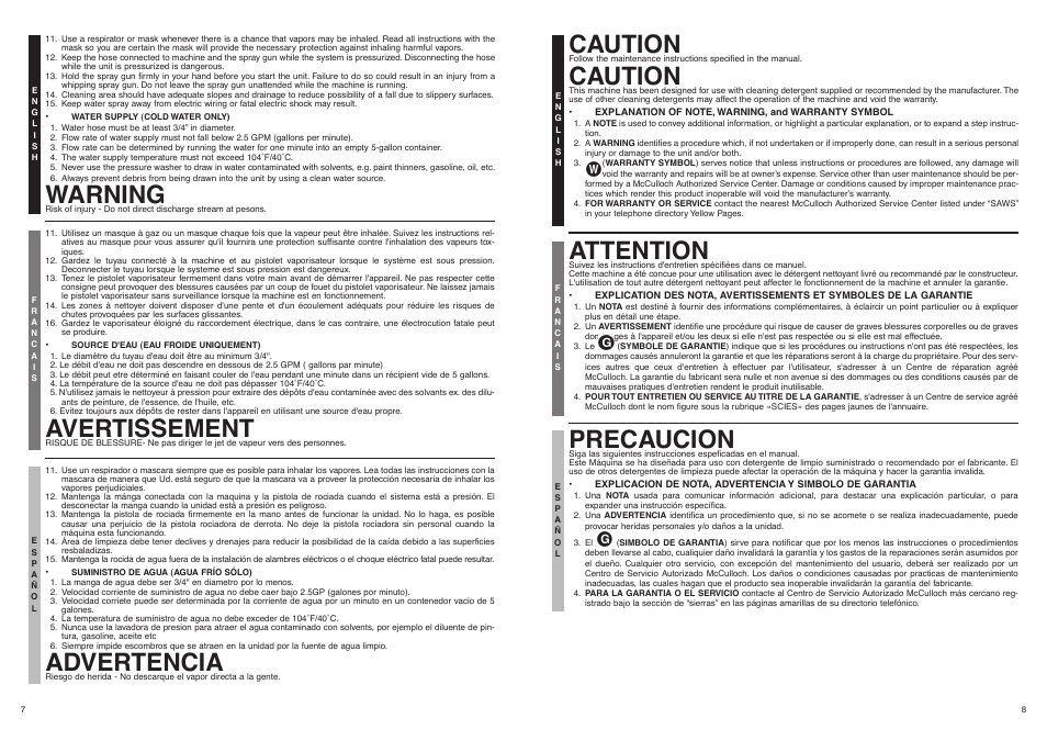 Warning, Avertissement, Advertencia | Caution, Attention, Precaucion | McCulloch CRFH140A User Manual | Page 5 / 9