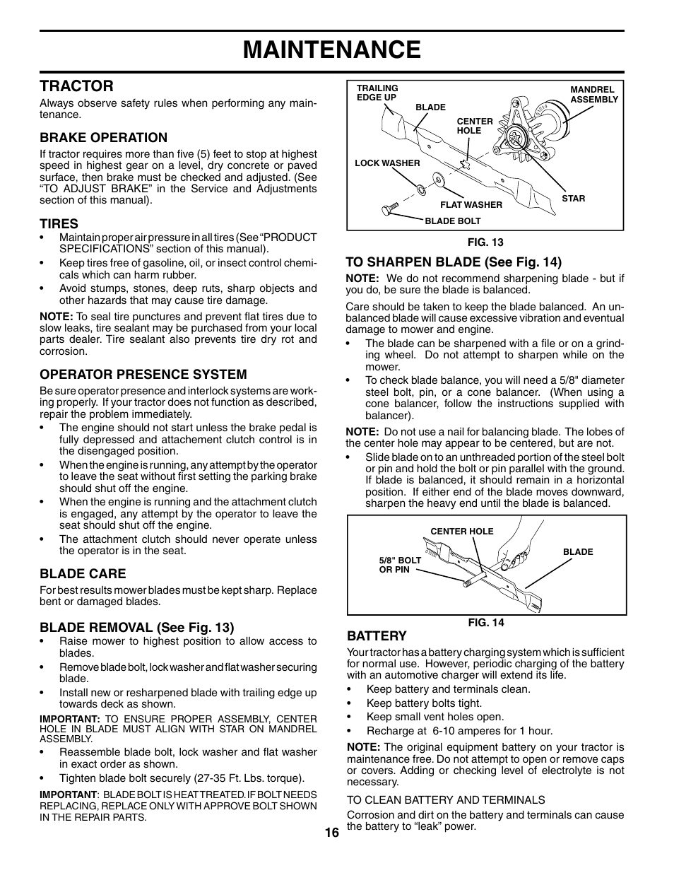 Maintenance, Tractor | McCulloch MC175H42ST User Manual | Page 16 / 44