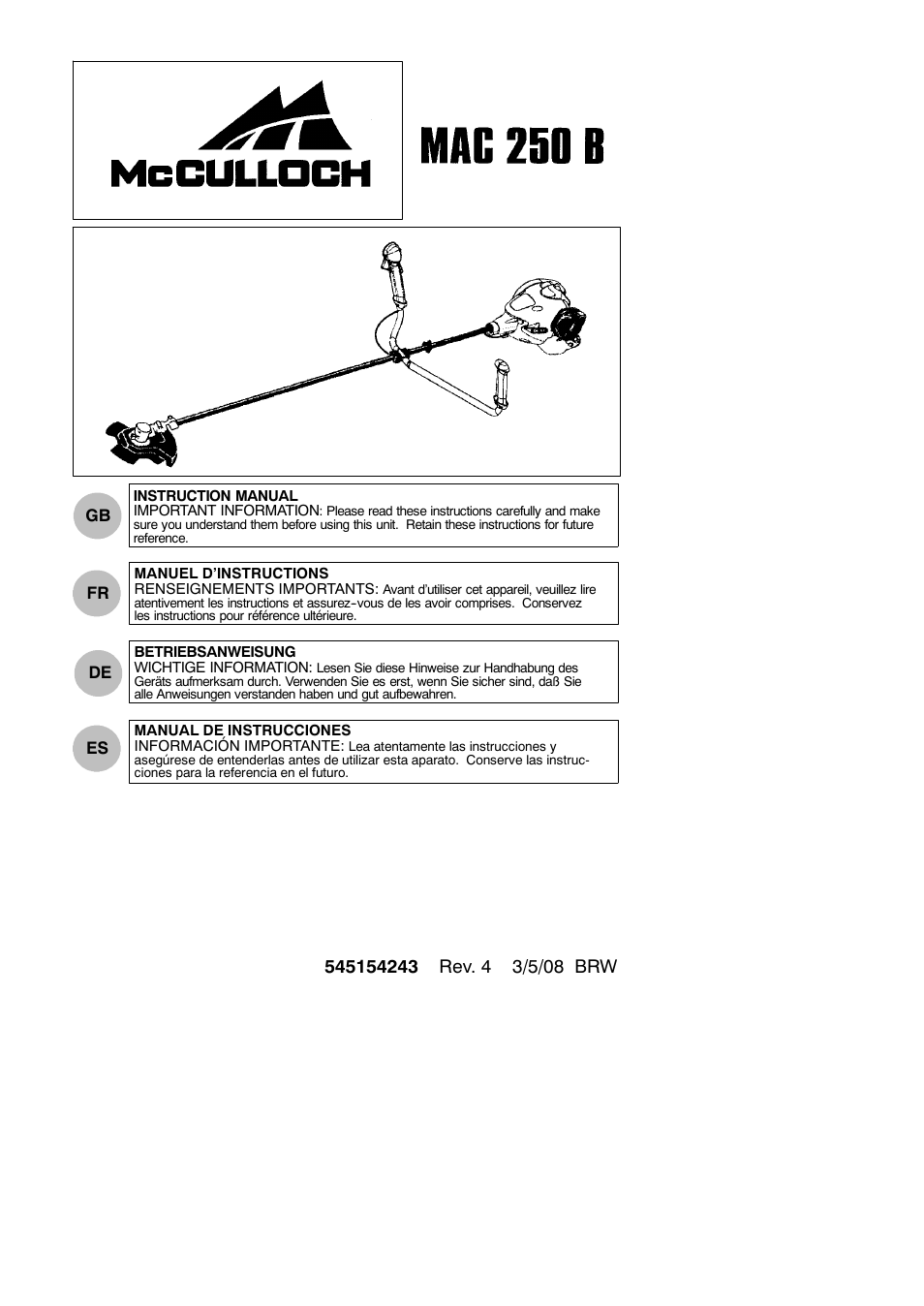 McCulloch 250 B User Manual | 17 pages