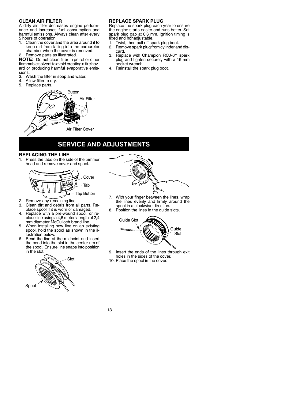 Service and adjustments | McCulloch 250 B User Manual | Page 13 / 17