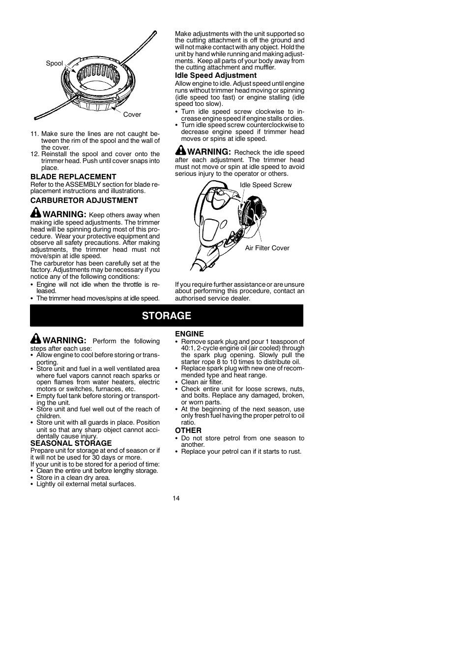 Storage, Warning | McCulloch 250 B User Manual | Page 14 / 17