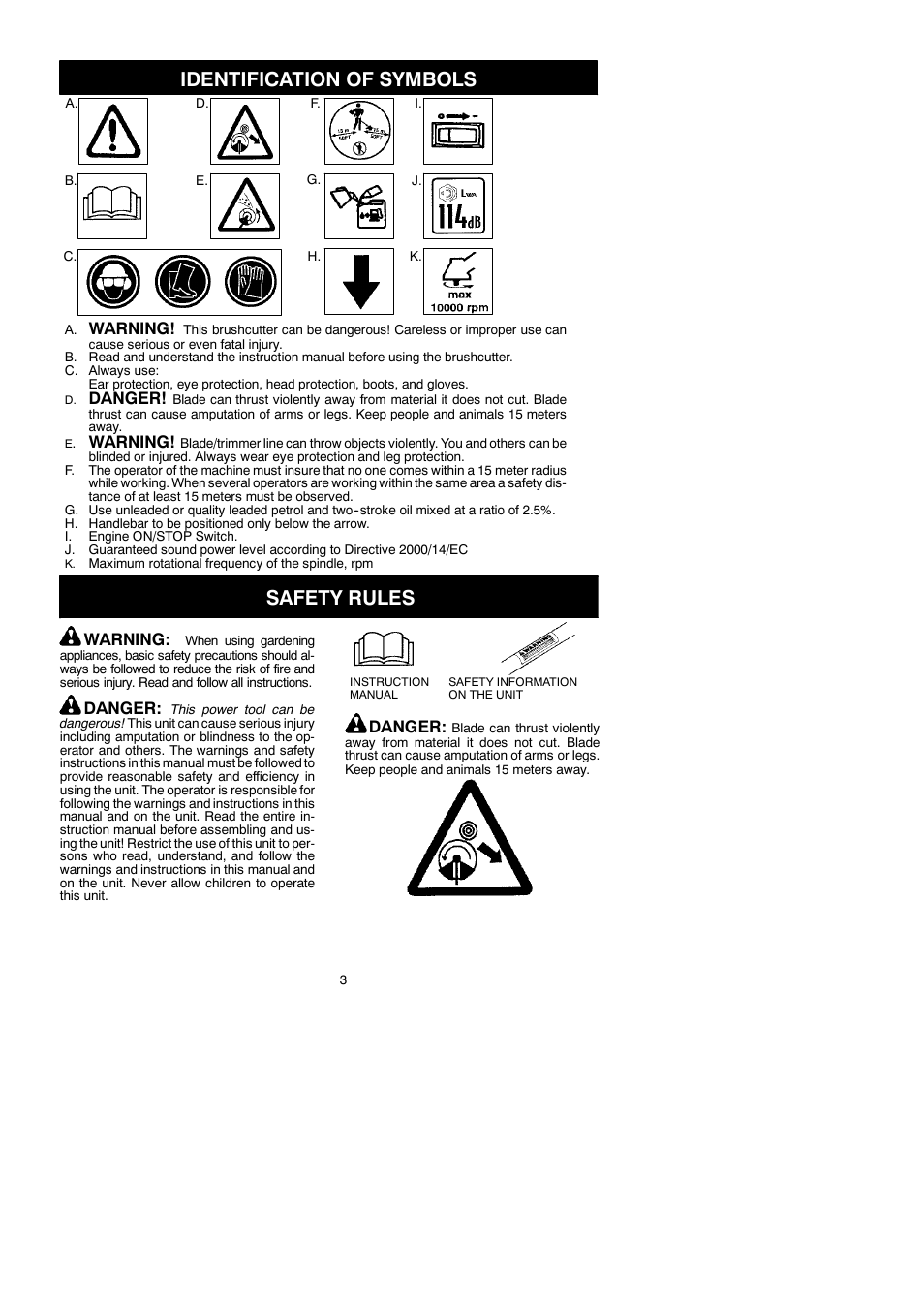 Identification of symbols, Safety rules, Warning | Danger | McCulloch 250 B User Manual | Page 3 / 17