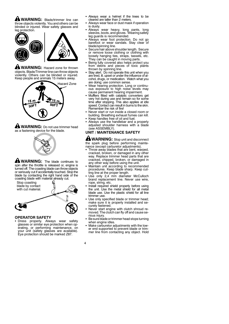 Warning | McCulloch 250 B User Manual | Page 4 / 17