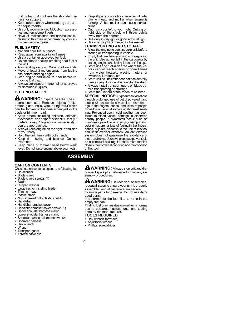 Assembly, Warning | McCulloch 250 B User Manual | Page 5 / 17