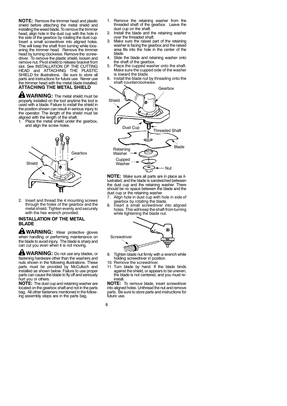 Warning | McCulloch 250 B User Manual | Page 8 / 17