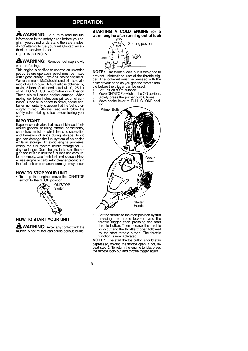 Operation, Warning | McCulloch 250 B User Manual | Page 9 / 17