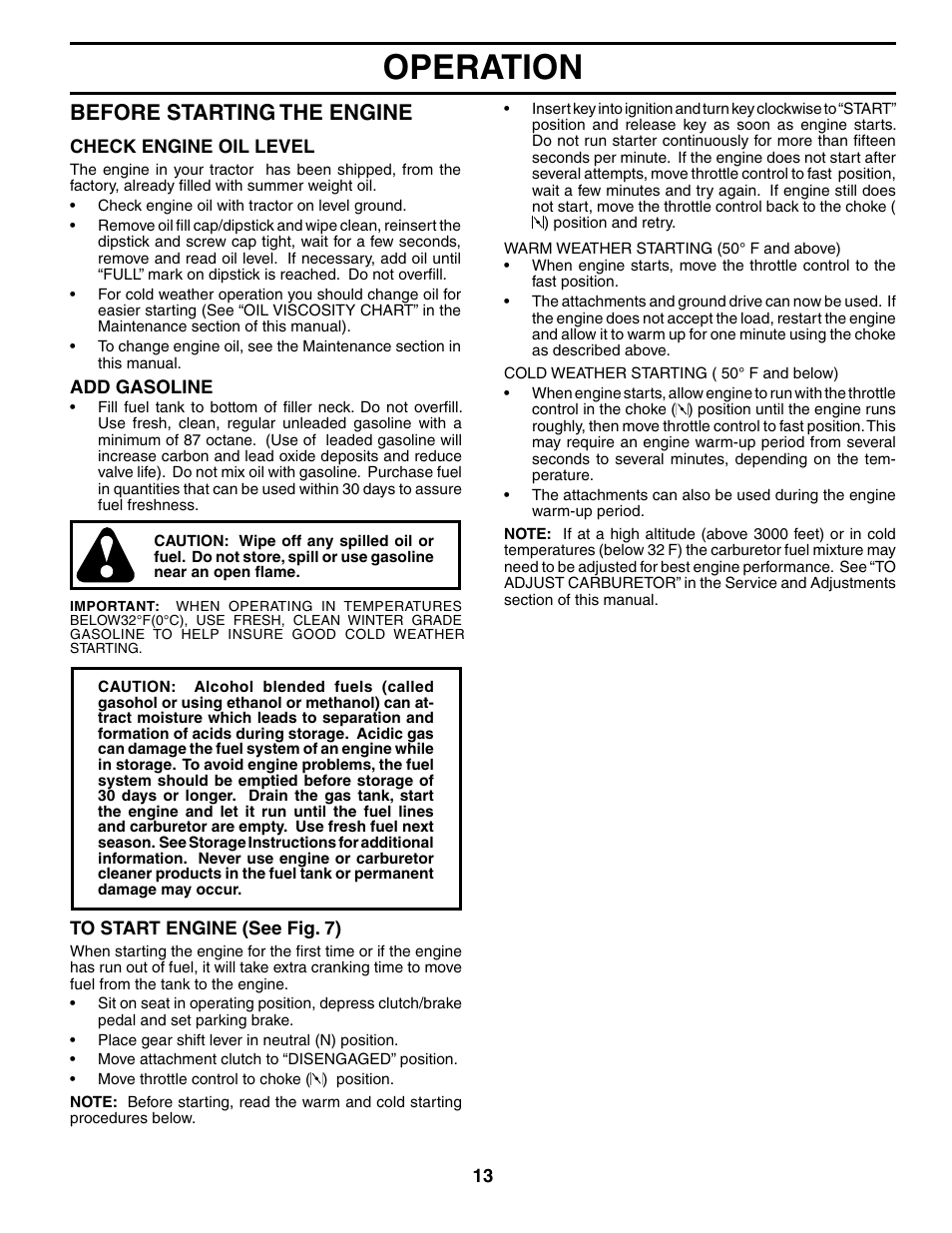 Operation, Before starting the engine | McCulloch MC17542STA User Manual | Page 13 / 44