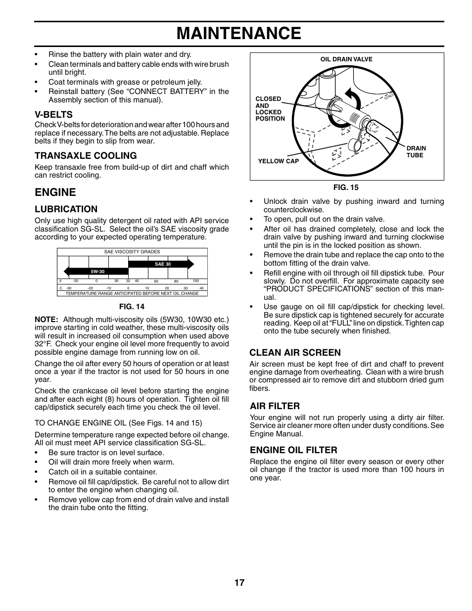Maintenance, Engine, V-belts | Transaxle cooling, Lubrication, Clean air screen, Air filter, Engine oil filter | McCulloch MC17542STA User Manual | Page 17 / 44