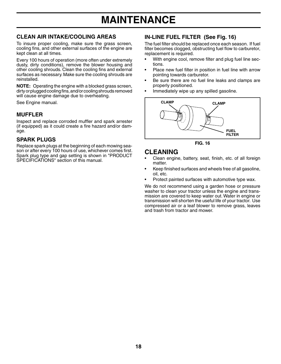 Maintenance, Cleaning | McCulloch MC17542STA User Manual | Page 18 / 44