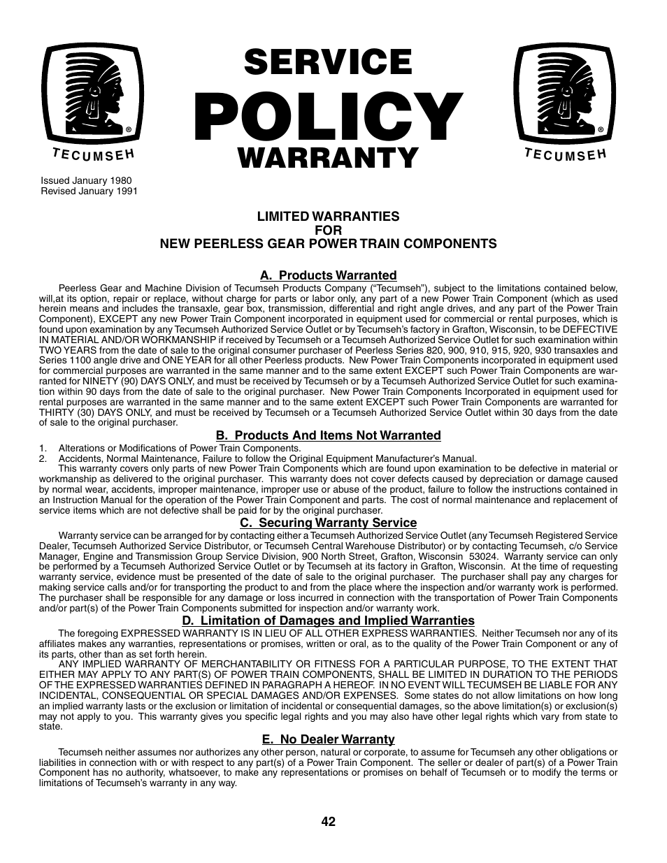 Policy, Service, Warranty | McCulloch MC17542STA User Manual | Page 42 / 44