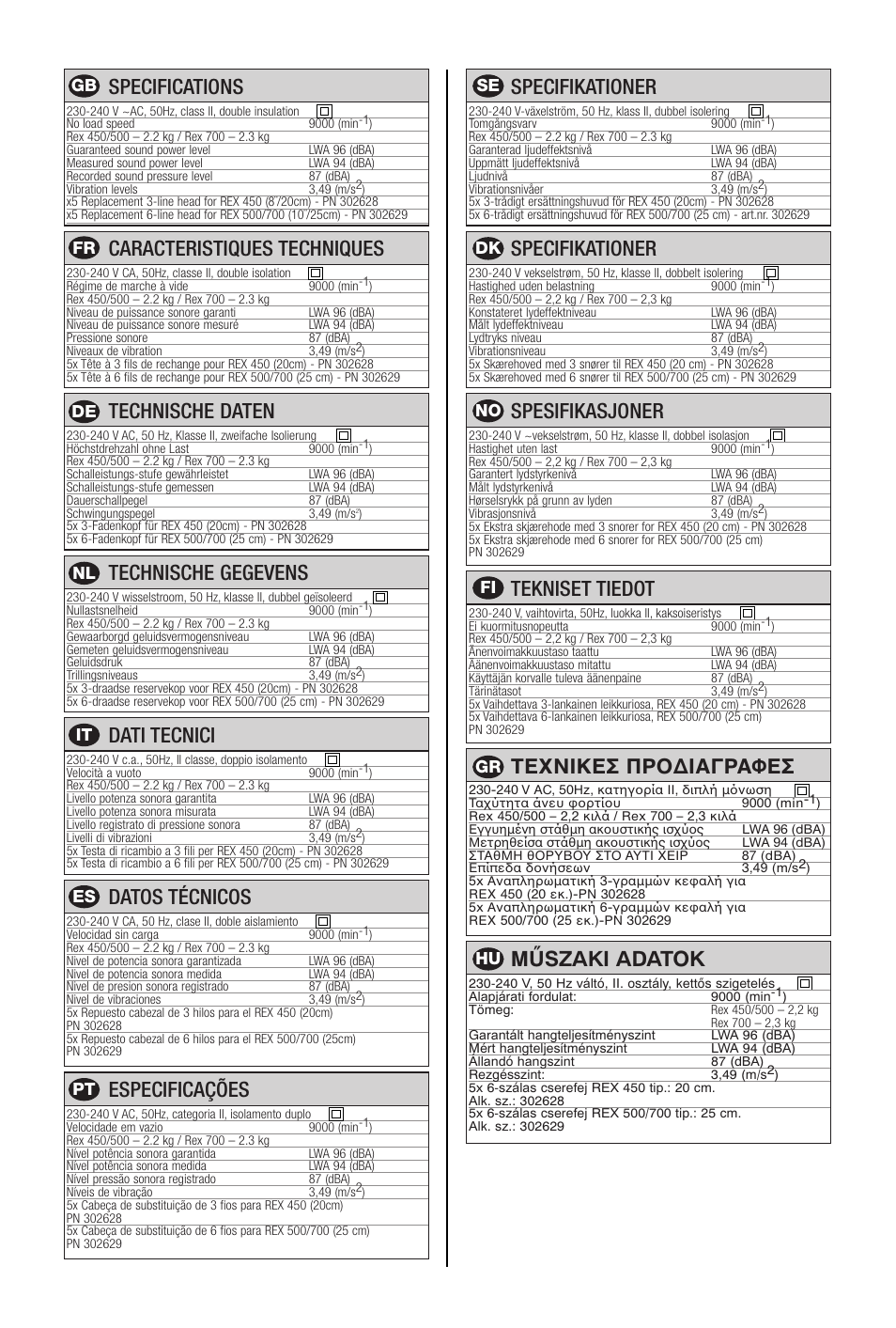 Specifications, Caracteristiques techniques, Technische daten | Technische gegevens, Dati tecnici, Datos técnicos, Especificações, Specifikationer, Spesifikasjoner, Tekniset tiedot | McCulloch REX 500 User Manual | Page 6 / 12