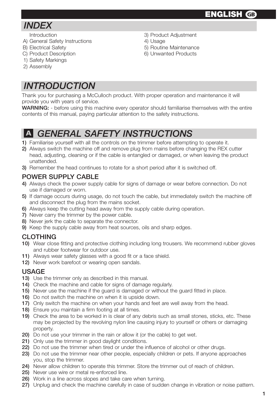 Index, General safety instructions, Introduction | English g | McCulloch REX 500 User Manual | Page 7 / 12