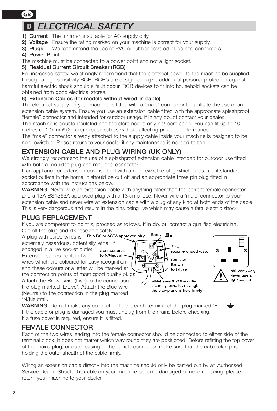 Electrical safety, Extension cable and plug wiring (uk only), Plug replacement | Female connector | McCulloch REX 500 User Manual | Page 8 / 12