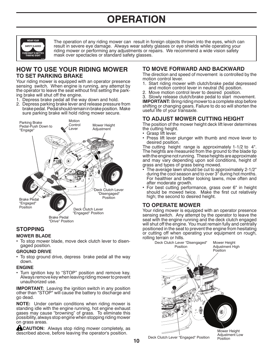Operation, How to use your riding mower, Stopping | McCulloch MOWCART 66 User Manual | Page 10 / 24