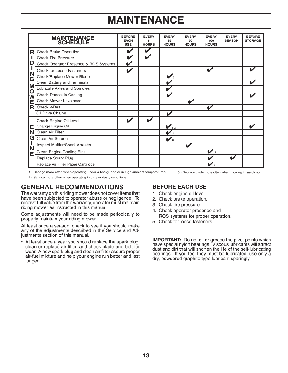 Maintenance, General recommendations, 13 maintenance | Before each use, 4%.!.#%ª 3#(%$5 | McCulloch MOWCART 66 User Manual | Page 13 / 24
