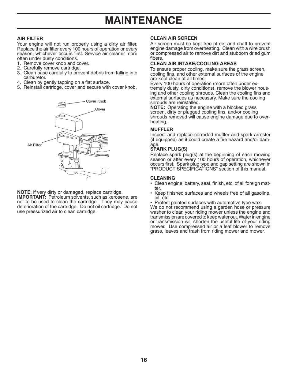 Maintenance | McCulloch MOWCART 66 User Manual | Page 16 / 24