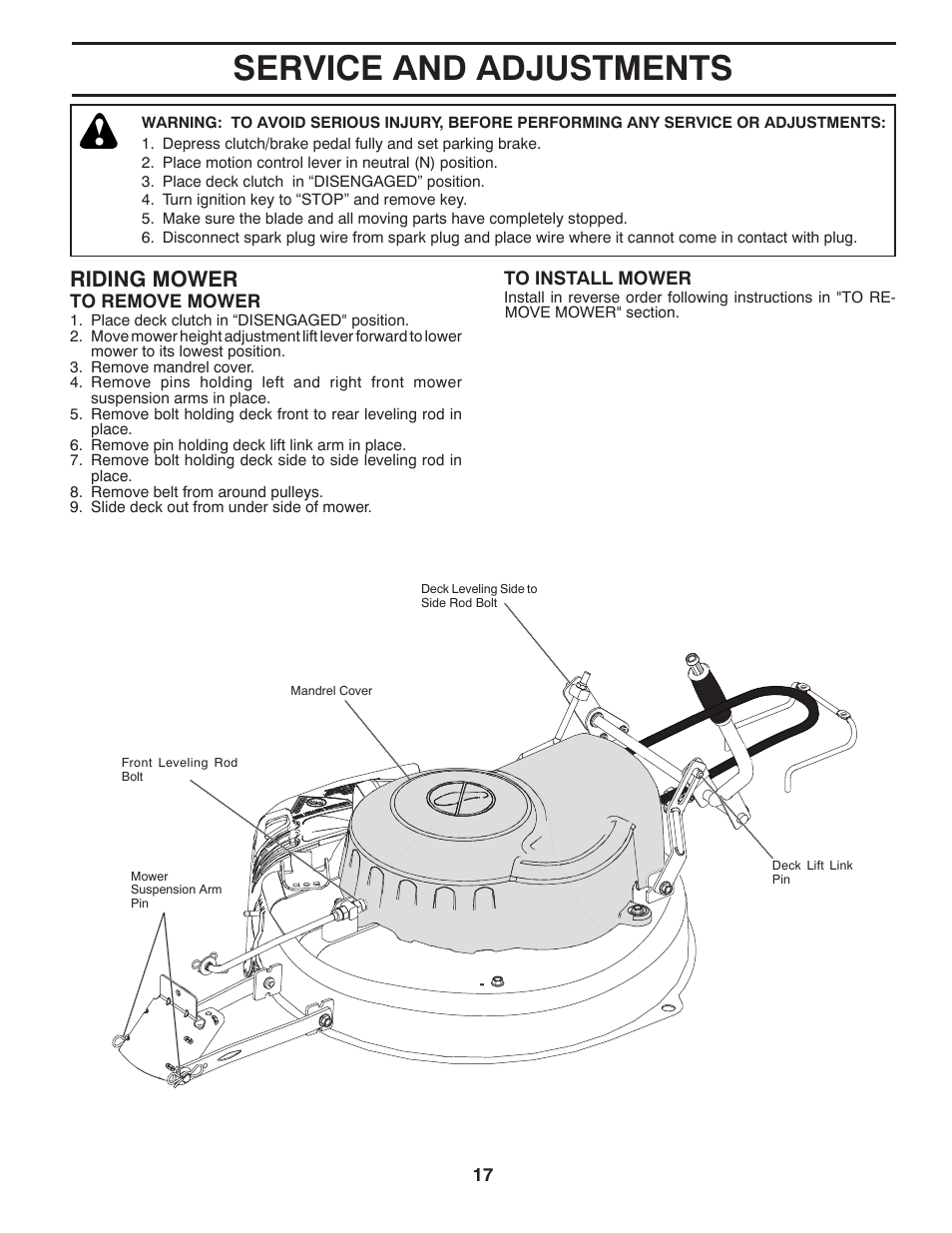 Service and adjustments, Riding mower | McCulloch MOWCART 66 User Manual | Page 17 / 24