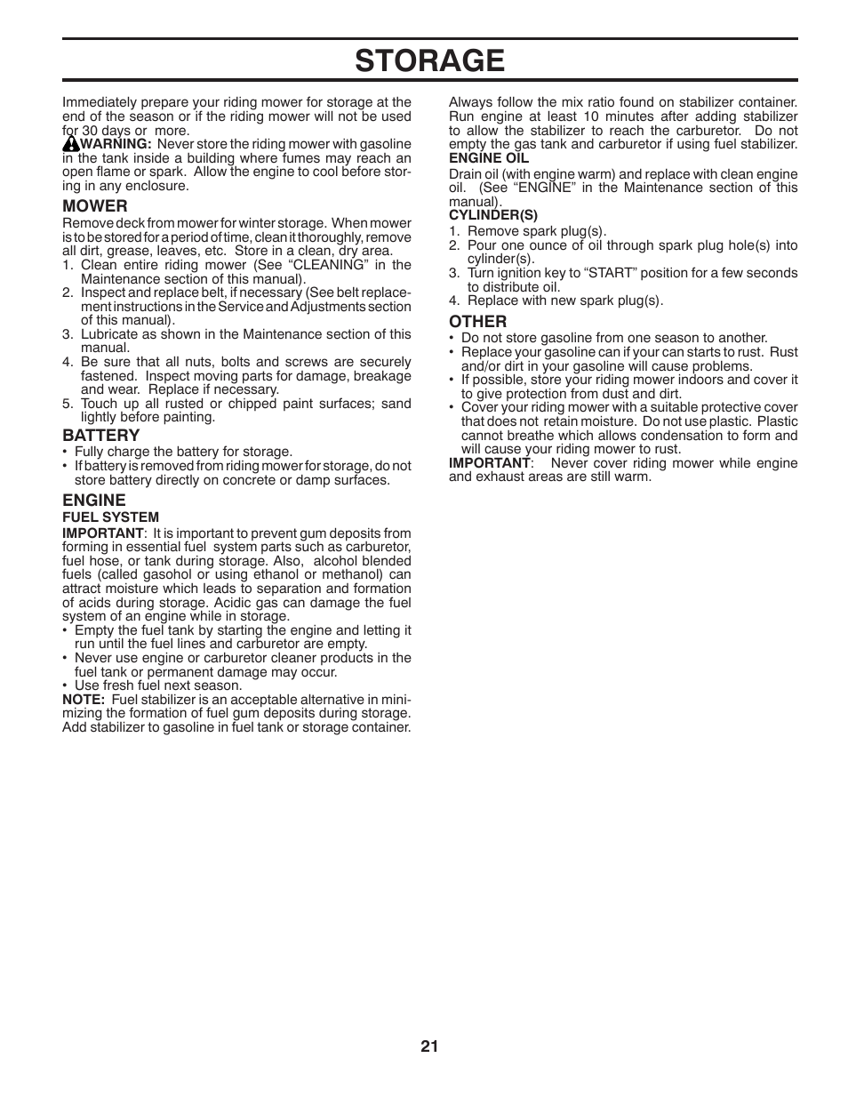 Storage | McCulloch MOWCART 66 User Manual | Page 21 / 24